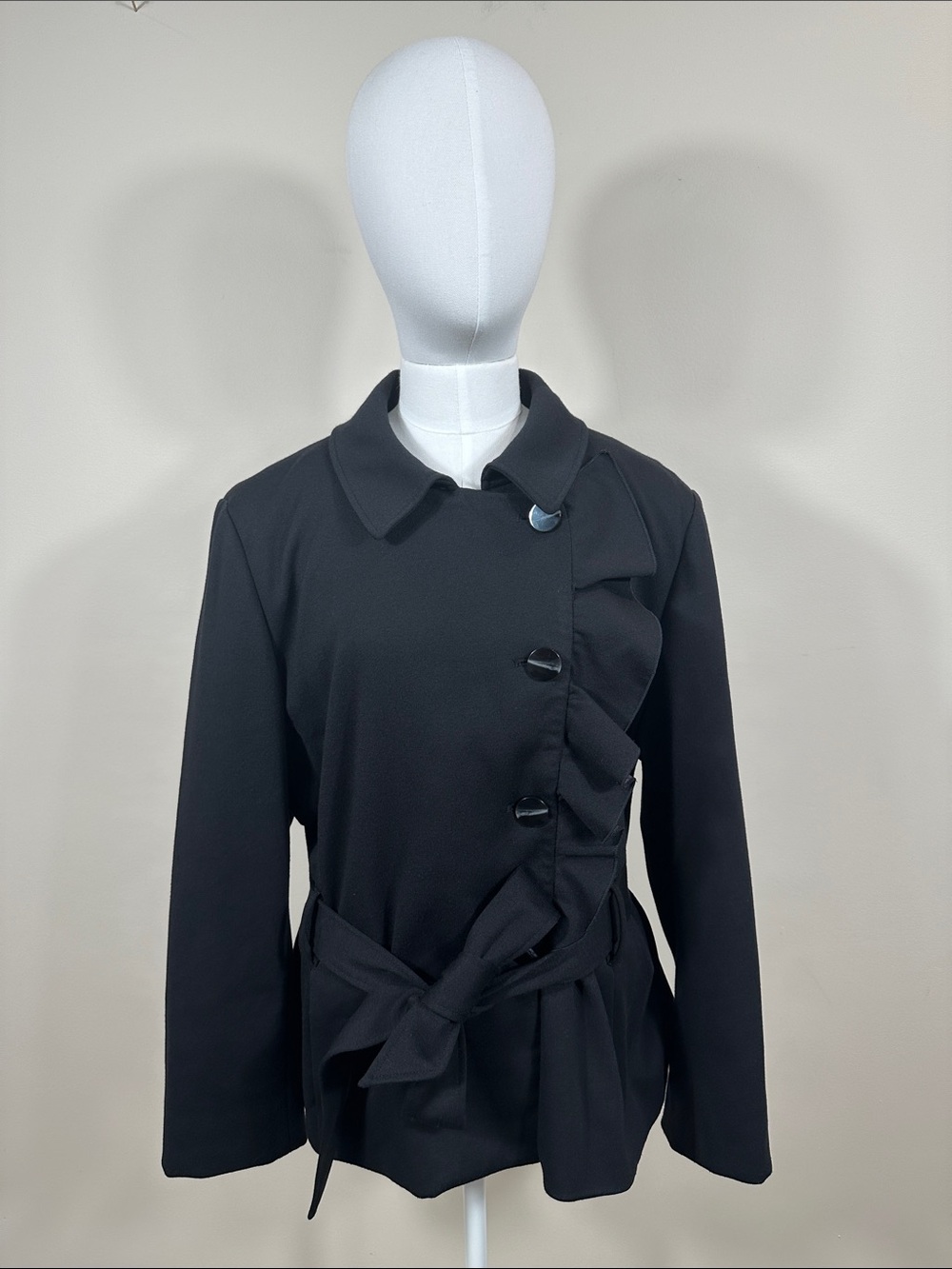 Sandro Sportswear Black Ruffle Front Belted Jacket Womens XL Office Chic Sleek